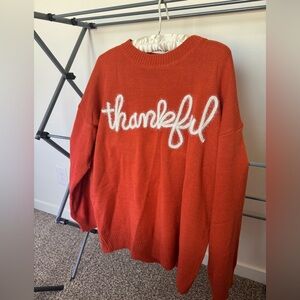 Orange Sweater with 'Thankful' Embroidery